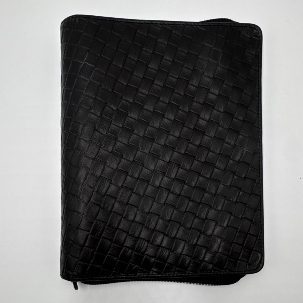 Black Woven Leather Zip Binder Planner Organizer 6 Ring Portfolio Card Slots